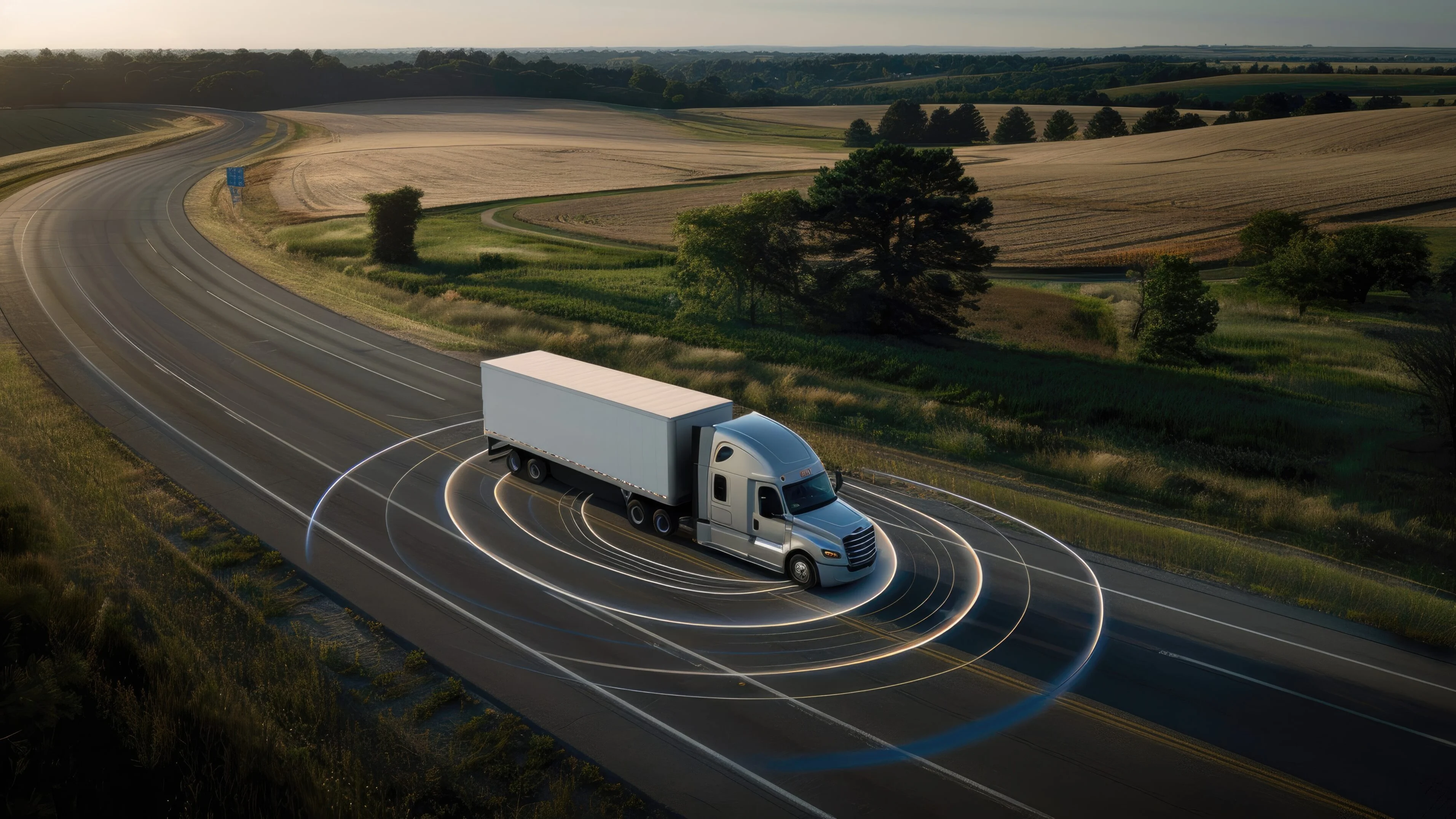 White semi-truck autonomously on a highway.
