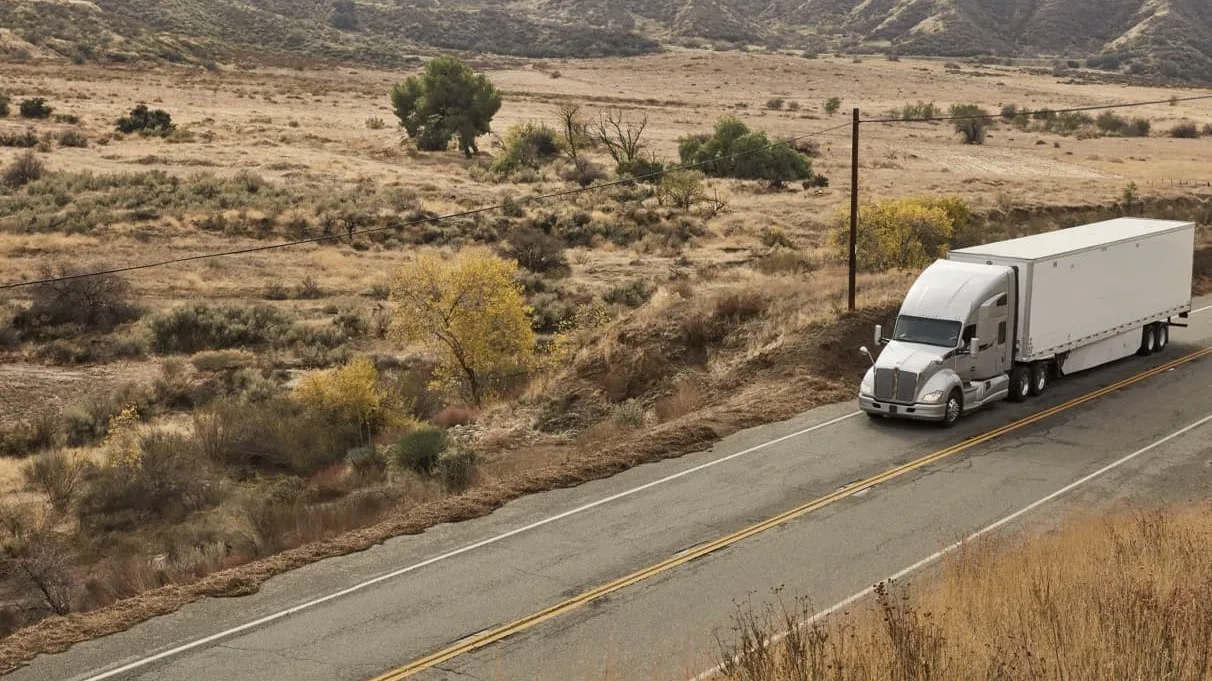 Truck driving on road with mountains in the background.