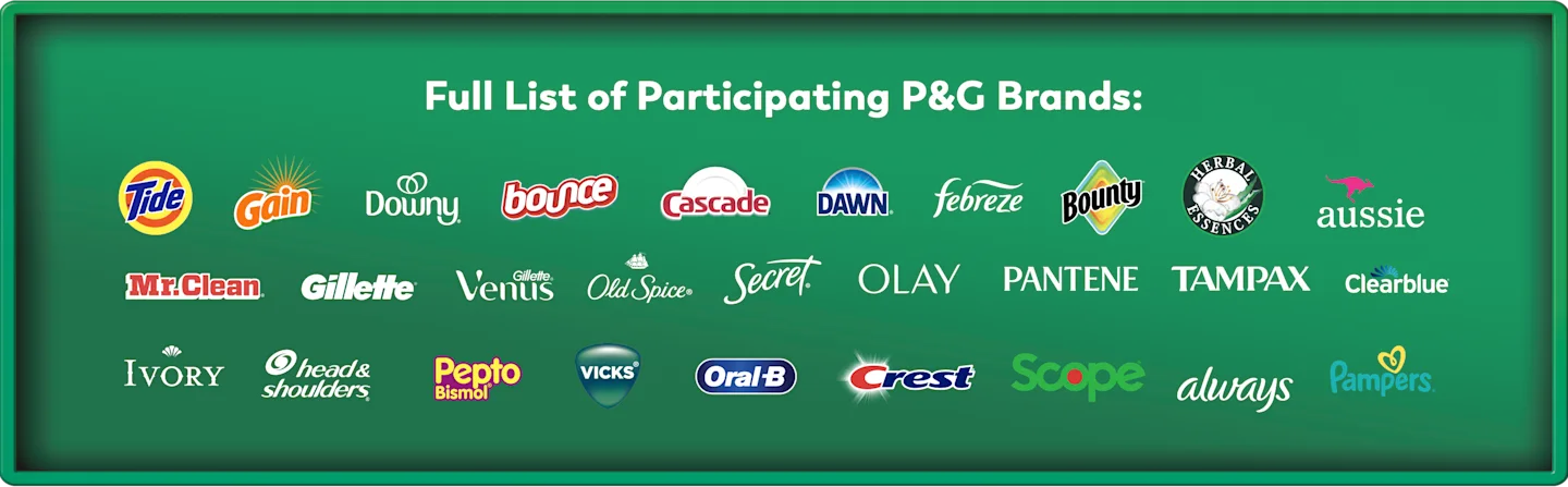 A green rectangular banner with a lighter green border, displaying the white text "Full List of Participating P&G Brands:". Below the title, the logos of 28 P&G brands are arranged in three rows.