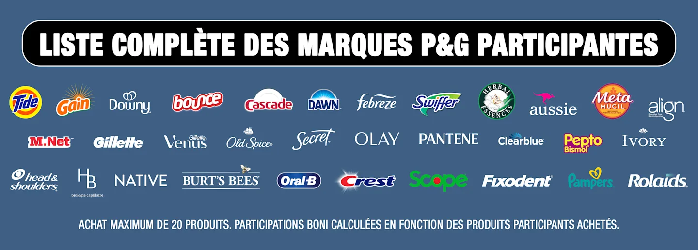 Cette image est une bannière à fond bleu présentant les produits P&G participants au concours de la LNH.