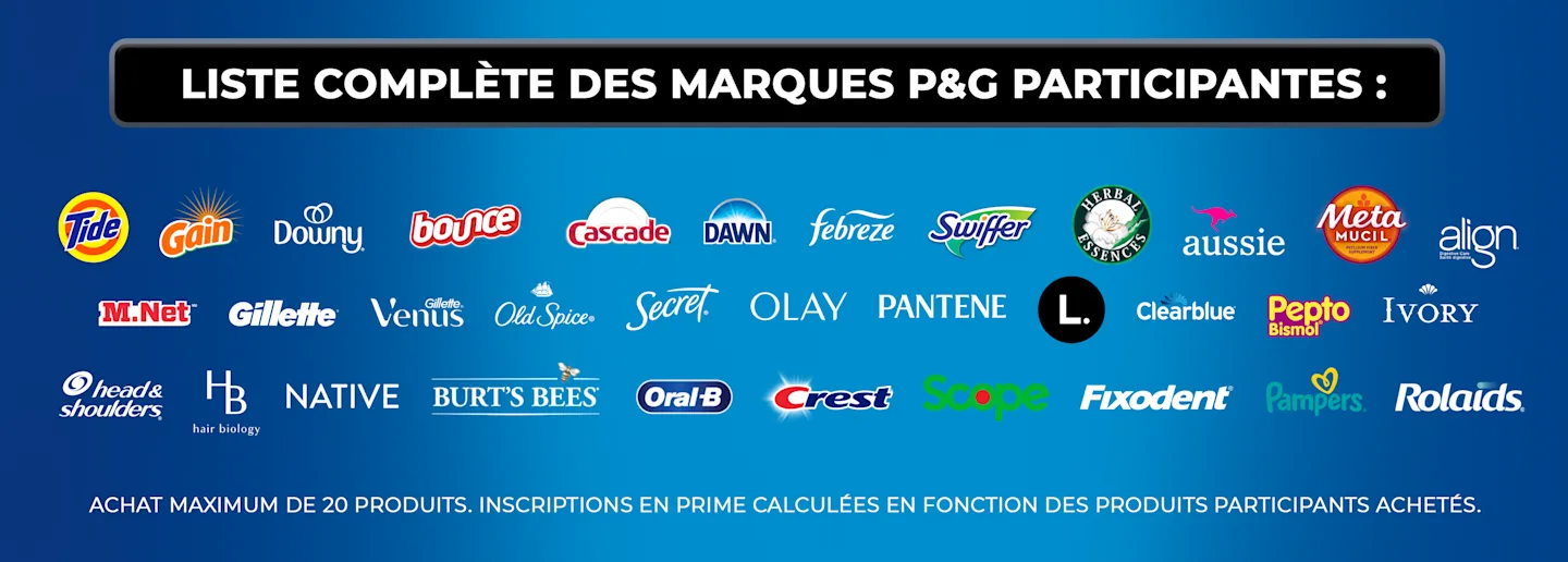 Cette image est une bannière à fond bleu présentant les produits P&G participants au concours de la LNH.