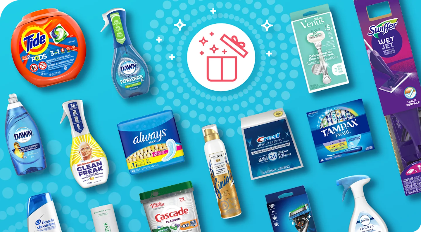 Various P&G products over a blue background