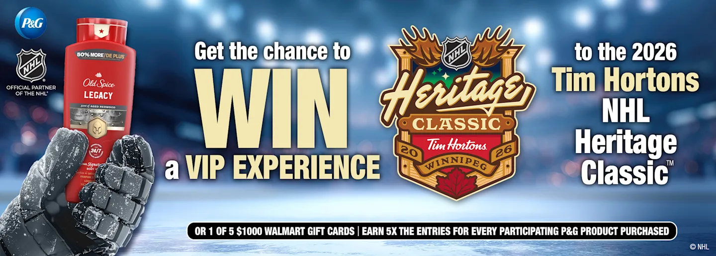 This image is a banner with a hockey stadium background describing a contest to win 2 tickets to the 2026 Tim Hortons NHL Heritage Classic or Walmart gift cards.