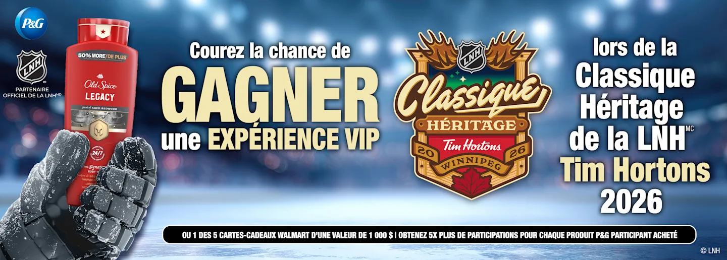 Cette image est une bannière avec un stade de hockey en arrière-plan, décrivant un concours pour gagner 2 billets pour le Classique Héritage Tim Hortons de la LNH 2026 ou des cartes-cadeaux Walmart.