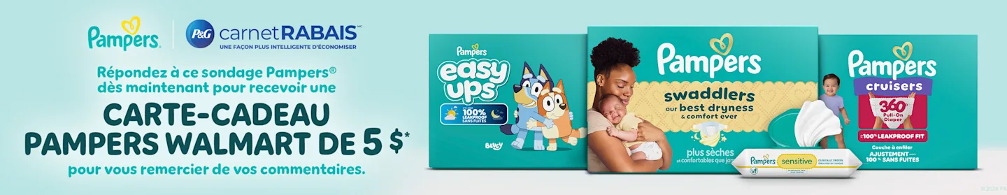 Il s’agit d’une bannière avec un message indiquant que si vous répondez au sondage, vous recevrez une carte-cadeau Pampers de Walmart de 5 $. Elle montre différents produits Pampers