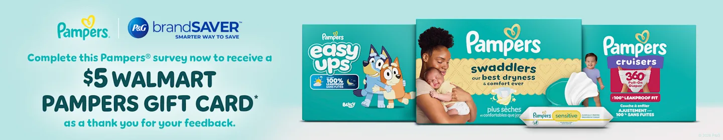 This is a banner with a message that if you complete the survey, you’ll receive a $5 Walmart Pampers gift card. It shows different Pampers products