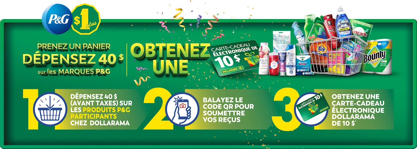 Une bannière promotionnelle verte pour P&G et Dollarama, présentant un panier d'achat débordant de divers produits P&G tels que Tide, Bounty, Olay et Old Spice.