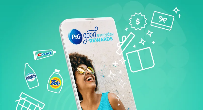 Young adult smiling in sunglasses seen through a phone screen. Overlayed on top of P&G household products