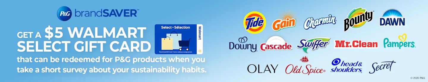 This is a banner with a message that if you complete the survey, you’ll receive a $5 Walmart Pampers gift card. It shows different Pampers products