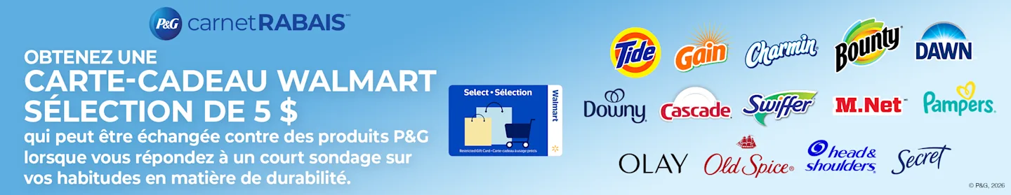 Il s’agit d’une bannière avec un message indiquant que si vous répondez au sondage, vous recevrez une carte-cadeau Pampers de Walmart de 5 $. Elle montre différents produits Pampers