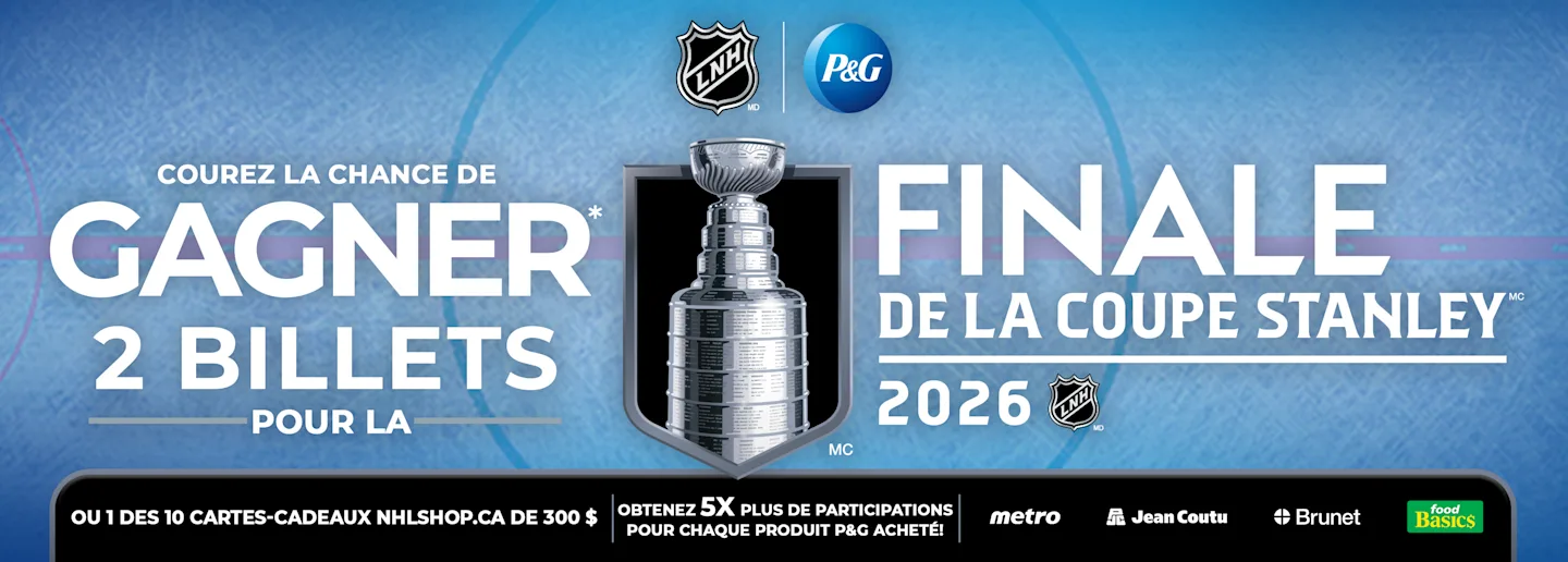 Cette image est une bannière sur fond bleu décrivant un concours permettant de gagner 2 billets pour la Coupe Stanley ou 1 des 10 cartes-cadeaux NHLSHOP.CA.
