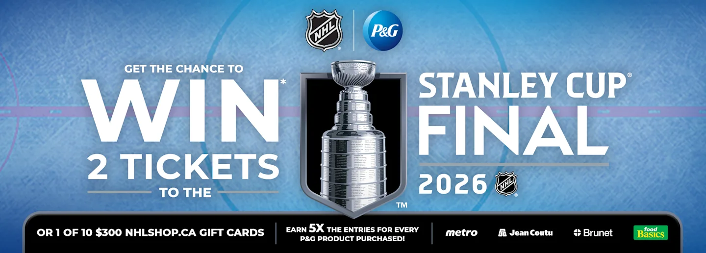 This image is a banner with a blue background describing a contest to win 2 tickets to the Stanley Cup or 1 of 10 NHLSHOP.CA gift cards.