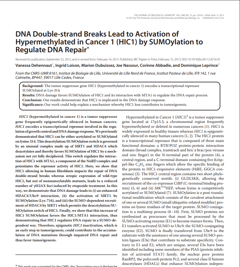 DNA double-strand breaks lead to activation of hypermethylated in cancer 1 (HIC1) by SUMOylation to regulate DNA repair