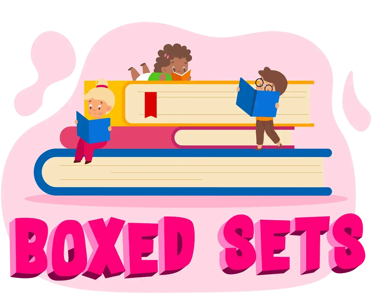 Illustration of children reading on stacked giant books with bold pink text below that reads "Boxed Sets."