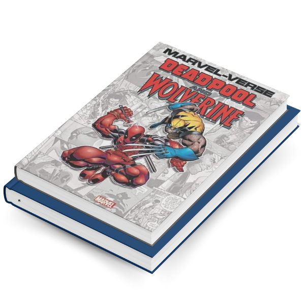 Hardcover of Marvel-Verse: Deadpool and Wolverine featuring bold comic-style illustrations of Deadpool and Wolverine on a grayscale comic panel background.
