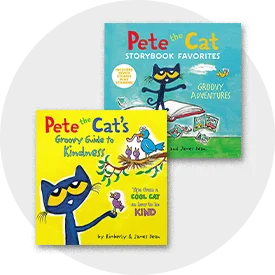 Covers of Pete the Cat books for kids featuring Pete the Cat's Groovy Guide to Kindness and Pete the Cat Storybook Adventures.
