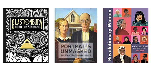 Discount Aisle Coffee Table Books featuring Glastonbury travel guide, Portraits Unmasked art book, and Revolutionary Women history book. Educational titles with distinctive covers spanning culture, art, and women's history.