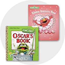 Covers of Sesame Street books for kids featuring Oscar’s Book with Oscar the Grouch and Elmo Loves You with Elmo in a heart frame.