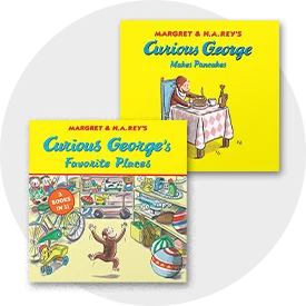 Covers of Curious George books for kids featuring Curious George's Favorite Places and Curious George Makes Pancakes.