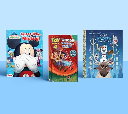 Covers of Disney books for kids: Guess Who, Mickey!, Toy Story 4: Woody Takes the Reins, and Olaf’s Frozen Adventure on sky blue background.