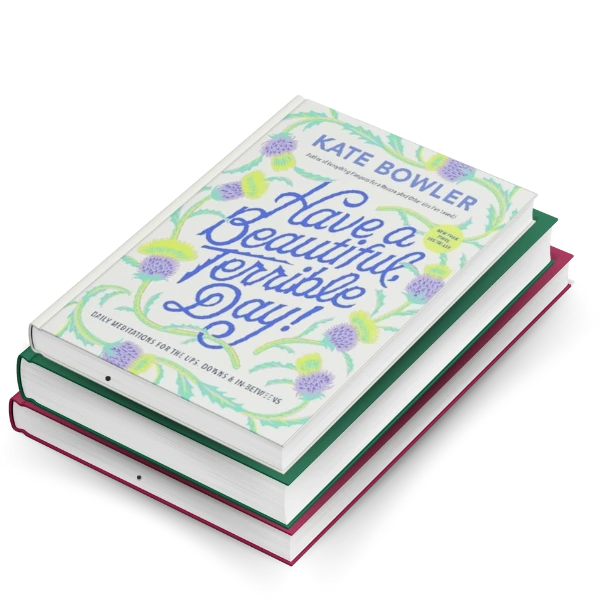 Kate Bowler self-help book with decorative green cover stacked on multi-colored spined books. Attractive display featuring inspirational and personal development title.