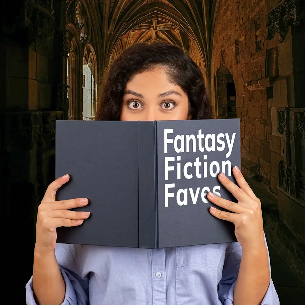 Women holding book in front of face that says: Fantasy Fiction Faves