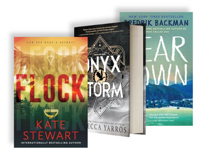Fantasy romance book collection featuring Flock by Kate Stewart, Onyx Storm by Rebecca Yarros, and contemporary fiction title arranged together