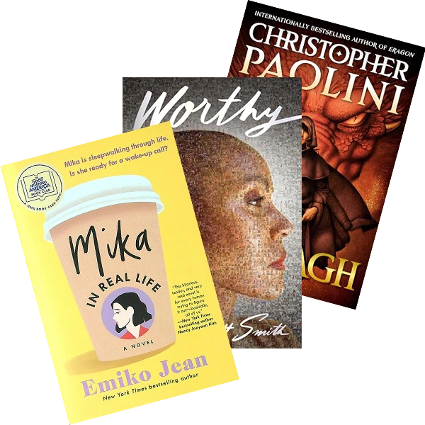 Discount Aisle book collection featuring Mika in Real Life, Worthy, and Murtagh. Contemporary fiction and fantasy titles with distinctive cover designs for diverse readers.