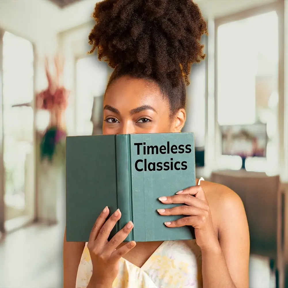Women holding book in front of face that says: Timeless Classics