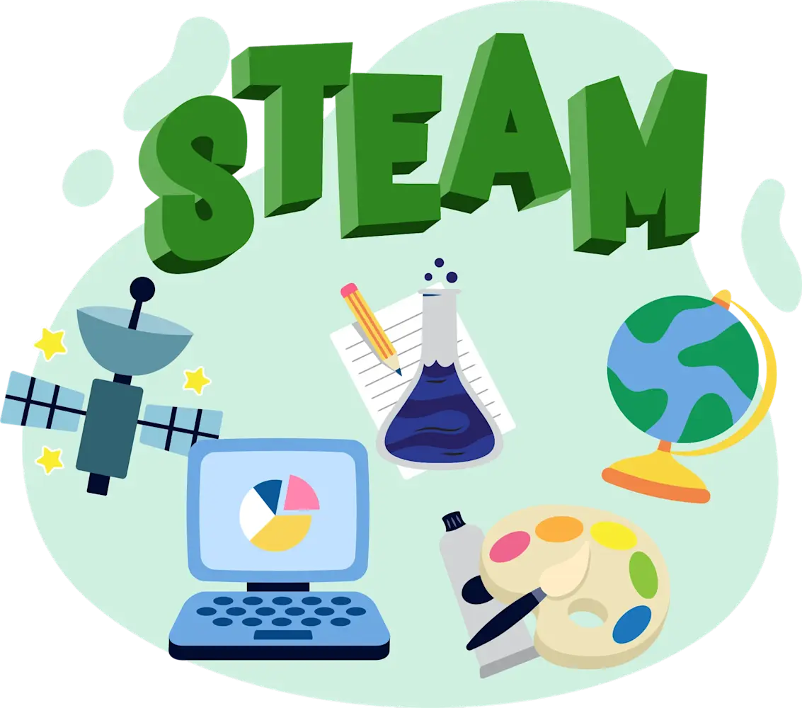 Green 3D “STEAM” text above illustrated satellite, pie chart shown on a laptop, lab flask, globe, and colorful paint palette on soft green background.