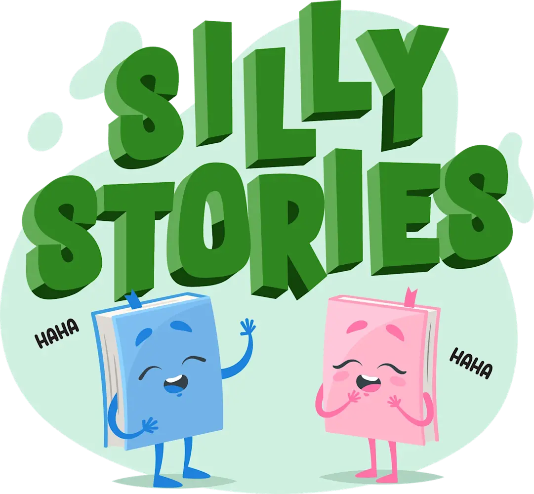Blue and pink cartoon books laughing beneath bold green “Silly Stories” text on a light green background with playful "haha" text.