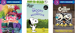 "Three Leveled Readers books: Trolls World Tour Earth to the Trolls (purple cover with colorful troll characters), Snoopy and Woodstock Ready-to-Read (green cover with Snoopy and bird), and Cuphead in Carnival Chaos The Great Escape (yellow cover with cartoon cup characters)."