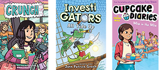 Three comics books: Grunge by Melissa de la Cruz (pink cover with dark-haired girl character), InvestiGators All Tide Up by John Patrick Green (blue cover with alligator detectives), and Cupcake Diaries by Coco Simon (bright cover with girl holding cupcakes).