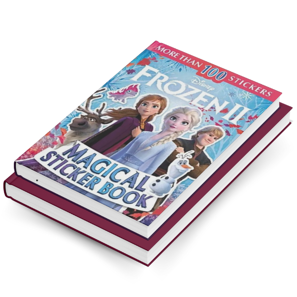 Hardcover of Frozen II Magical Sticker Book featuring Elsa, Anna, Kristoff, Sven, and Olaf with a wintry background and “More Than 100 Stickers” banner.