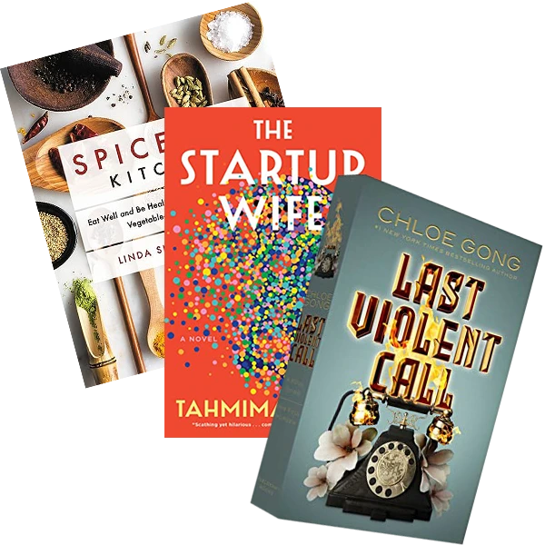 Markdown titles featuring Spice Kitchen cookbook, The Startup Wife, and Last Violent Call. Diverse titles spanning cooking, contemporary fiction, and thriller genres with distinctive cover designs.