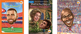 Three Who HQ books: Who is Travis Kelce (orange cover with football player portrait), What is the Story of Romeo and Juliet (green cover with romantic scene illustration), and Who is Michael Jordan (purple cover with basketball player portrait).