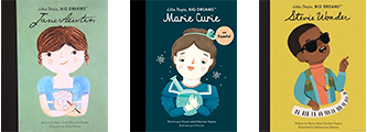 "Three Little People Big Dreams books: Jane Austen (pale green cover with girl writing), Marie Curie (dark blue cover with girl scientist), and Stevie Wonder (yellow cover with boy at piano wearing sunglasses)."