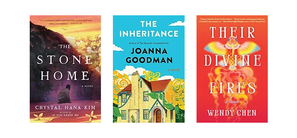 Discount Aisle Pretty Covers collection featuring The Stone Home, The Inheritance, and Their Divine Fires. Literary novels with distinctive cover designs in purple, teal, and red color schemes for diverse readers.