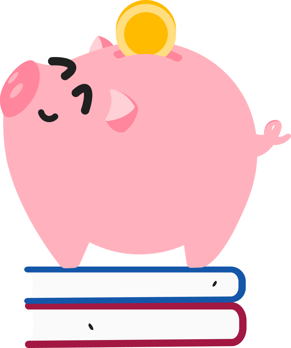 Smiling Piggy Bank standing on stack of remainder marked books