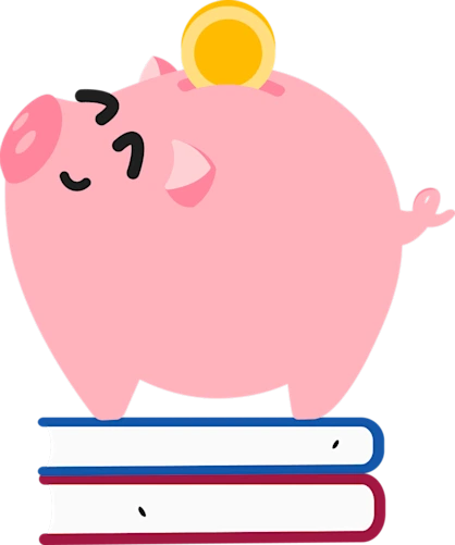 Smiling Piggy Bank standing on stack of remainder marked books