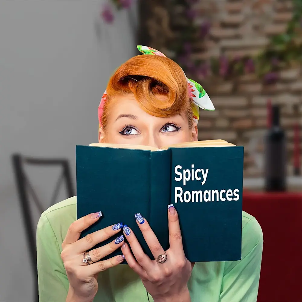 Women holding book in front of face that says: Spicy Romances