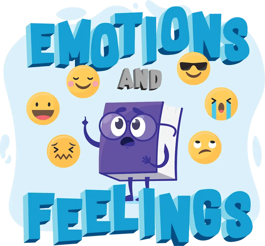 Cartoon book character surrounded by expressive emojis showing different emotions like happy, sad, and surprised.