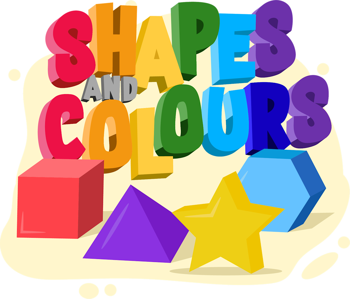 Shapes and Colours educational graphic with colorful 3D text and geometric shapes including red cube, purple triangle, yellow star, and blue hexagon on soft yellow background.