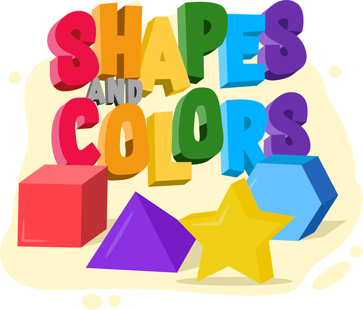Shapes and Colors educational graphic with colorful 3D text and geometric shapes including red cube, purple triangle, yellow star, and blue hexagon on soft yellow background.