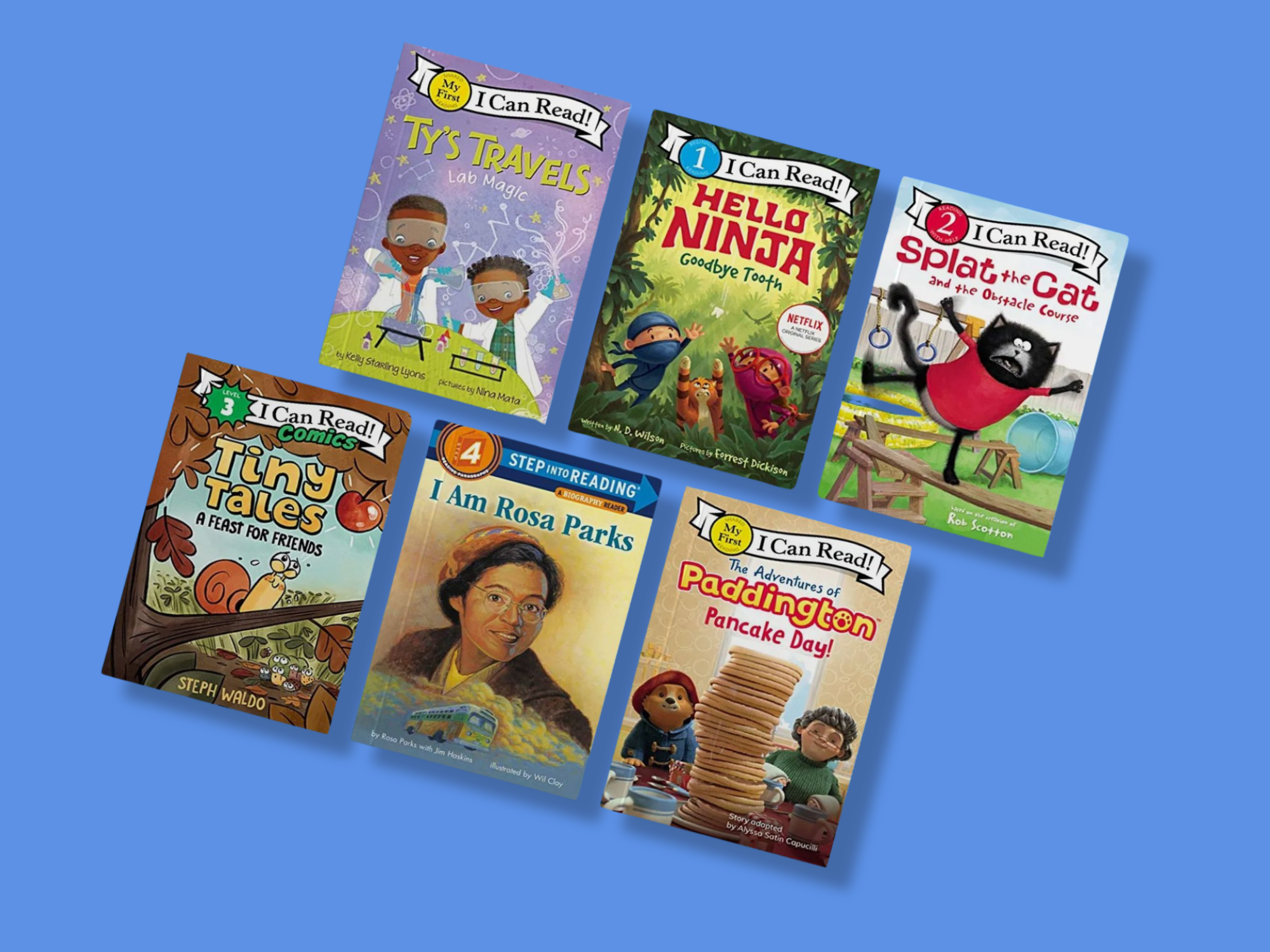Six colorful leveled reader book covers including Ty’s Travels, Hello Ninja, Splat the Cat, Tiny Tales, I Am Rosa Parks, and Paddington: Pancake Day! on a blue background.