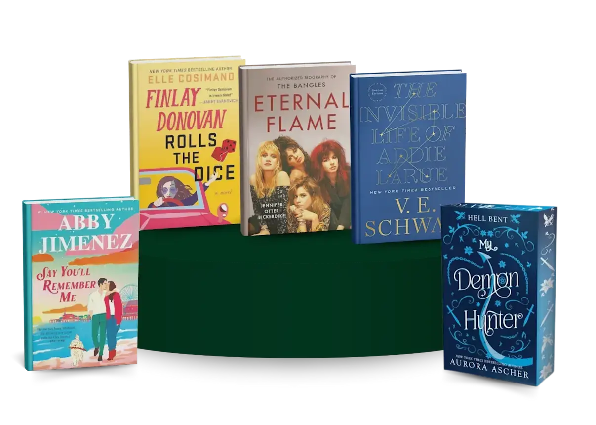 Adult fiction book collection featuring Say you Remember Me, Rolls the Dice, Eternal Flame, The Invisible Life of Addie Larue, and My Demon Hunter. Popular contemporary romance and fantasy novels in attractive display arrangement.