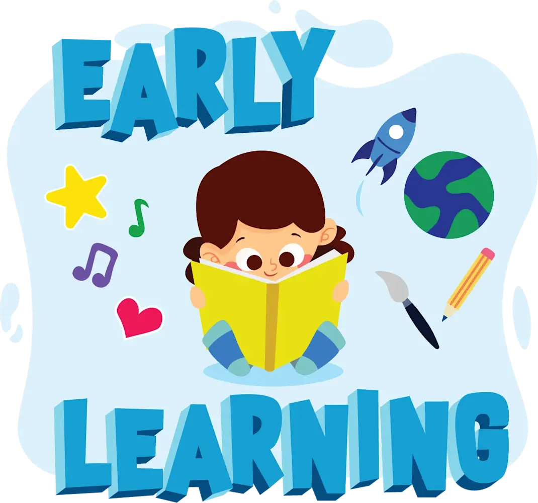 Illustration of a child reading a book surrounded by early learning icons like a star, rocket, pencil, and music notes.