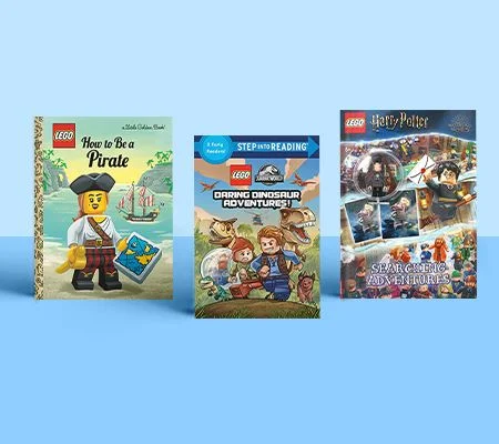 Covers of three LEGO books for kids: How to Be a Pirate, Daring Dinosaur Adventures!, and Harry Potter: Spreading Adventures.