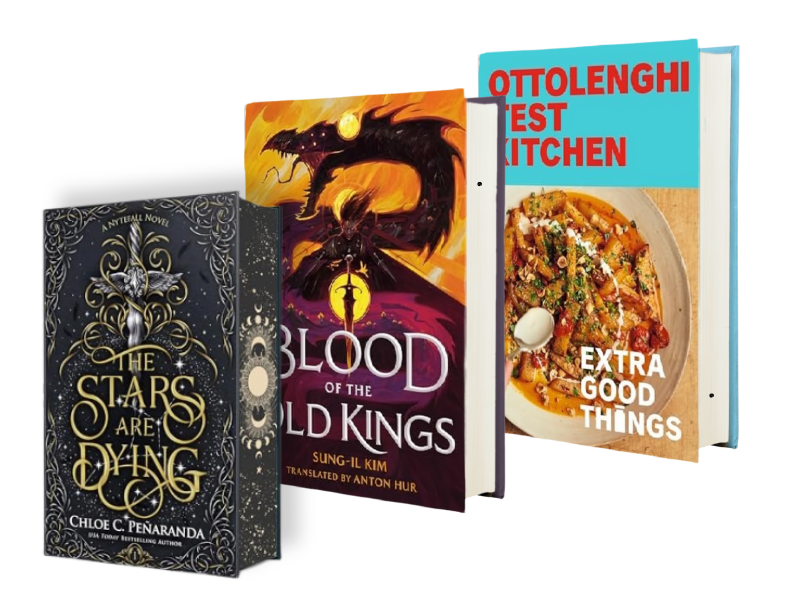 Covers of The Stars Are Dying, Blood of the Old Kings, and Ottolenghi Test Kitchen: Extra Good Things arranged side by side.