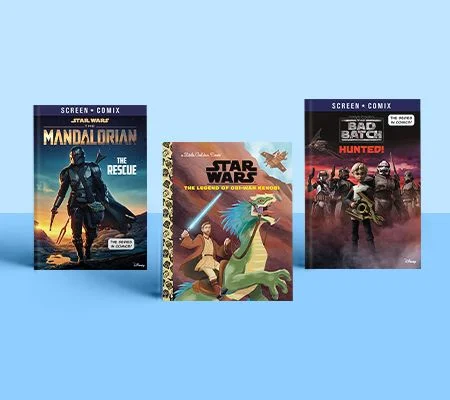 Covers of three Star Wars books for kids: Mandalorian the Rescue, The Legend of Obi-Wan Kenobi, and Bad Batch Hunted!